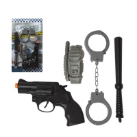 Conjunto de polícia com algemas, bastão, walkky talky e pistola