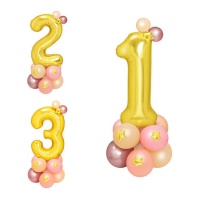 Conjunto de balões com números dourados e cor-de-rosa - 19 peças.