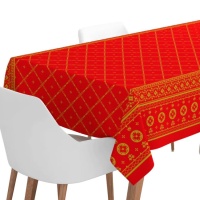 Toalha de mesa de Natal vermelha com decoração dourada de 2,20 x 1,40 m - 1 unidade