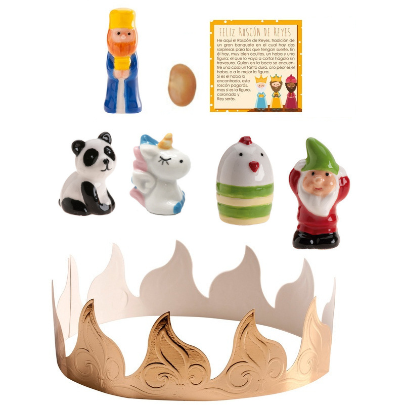 Kit para bolo-rei: coroa, fava, rei, cartão e 4 figuras