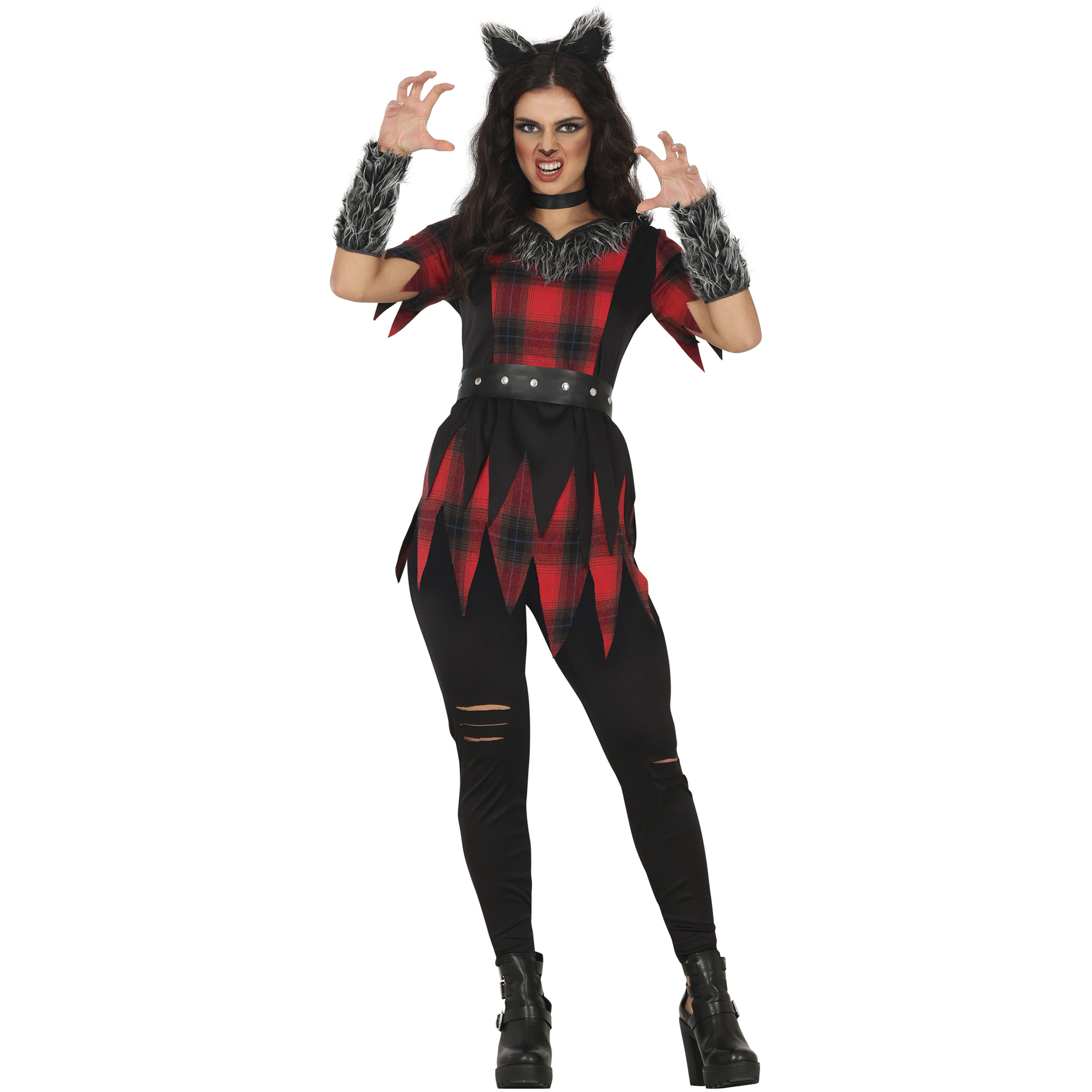 Fantasia de lobo xadrez vermelho e preto para mulher