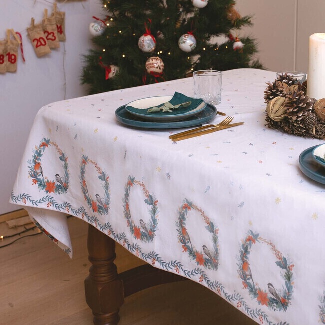 Foto detallada de tecido de lona de algodão Pássaros de Natal Colocados para toalha de mesa - Katia