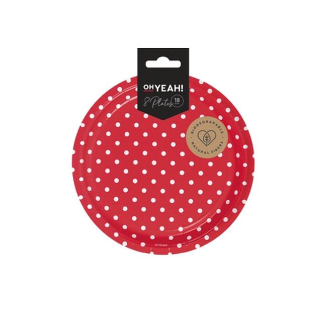 Pratos redondos de 18 cm com pontos brancos - 8 unid.