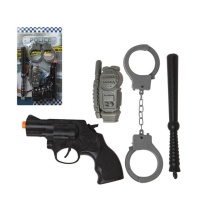 Conjunto de polícia com algemas, cassetete, walky talky e pistola.