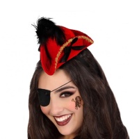 Mini chapéu de pirata vermelho com penas pretas