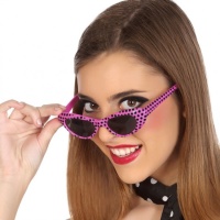 Óculos cor-de-rosa com bolinhas dos anos 60