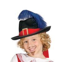 Chapéu de mosqueteiro com penas azuis para crianças