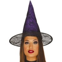 Chapéu de bruxa lilás com aranhas