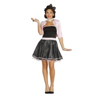Fato dos anos 50 cor-de-rosa e preto para mulher