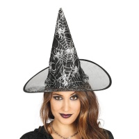 Chapéu de bruxa preto com teias de aranha prateadas - 60 cm