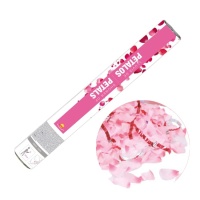 Canhão de confettis de 50 cm com fita prateada e pétalas cor-de-rosa.