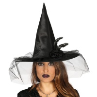 Chapéu de bruxa preto com flor e tule - 61 cm