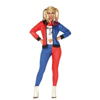 Fato de supervilã Harley vermelho e azul para mulher.