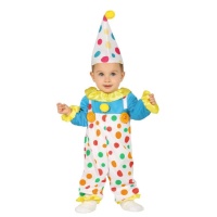Fato de palhaço branco com pontos de polca coloridos para bebés