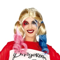 Peruca loira Harley Quinn Supervillain com tranças cor-de-rosa e azuis