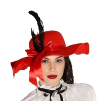 Chapéu de pamela vermelha com pena preta - 56 cm