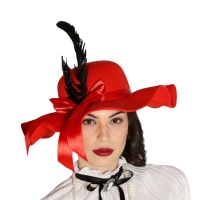 Chapéu de pamela vermelho com penas pretas - 56 cm