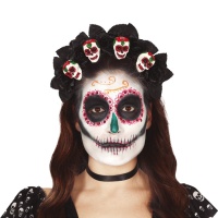 Bandolete Catrina com rosas pretas e caveiras