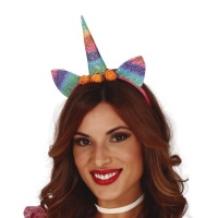 Bandolete de unicórnio multicolorida e brilhante com flores