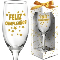 Copo de vidro dourado com Feliz Aniversário