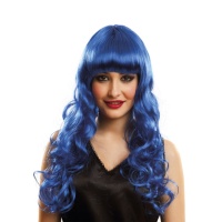 Peruca comprida com cabelo comprido azul e franjas
