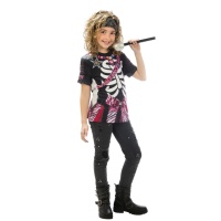 Disfarce camisola de esqueleto de rock cor-de-rosa infantil