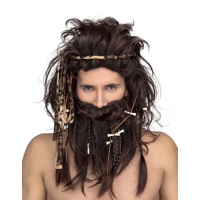 Peruca castanha de homem das cavernas com barba e ossos