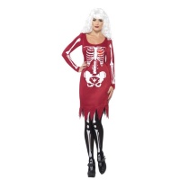 Fato de esqueleto vermelho com coração luminoso para mulher.