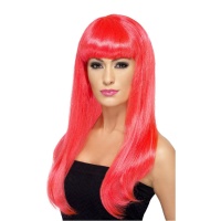 Peruca cabelo comprido cor-de-rosa com franja