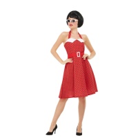 Fato dos anos 50 vermelho com bolinhas pretas