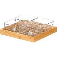 Conjunto com bandeja em bambu e 4 tigelas de vidro para aperitivos