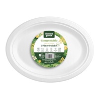 Tabuleiro de cana-de-açúcar compostável branco oval de 32 x 25 cm - 3 unidades