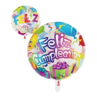 Balão redondo Feliz Aniversário transparente decorado de 45 cm - 1 unidade