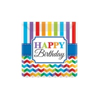 Pratos quadrados de Happy Birthday Arco-íris de 18 cm - 8 unidades