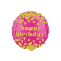Balão redondo de felicitações cor-de-rosa com bolinhas de ouro 45 cm - Anagrama