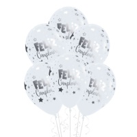 Balões de latex sólido branco de Feliz cumpleaños prateado de 30 cm - Sempertex - 12 unidades