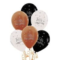 Balões de latex preto, transparente e cobre Happy Birthday silver 30 cm - Sempertex - 12 unidades