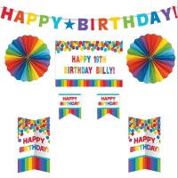 Kit de decorações personalizáveis Happy Birthday rainbow - 8 unidades