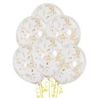 Balões de látex transparente com confetti dourado 30 cm - Unique - 6 unidades