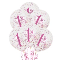 Balões de látex transparente 30cm cor-de-rosa e dourado com confettis - Qualatex - 6 peças