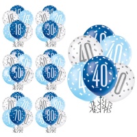 Balões de aniversário em látex azul e branco de 30 cm - Qualatex - 6 unidades