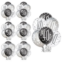 Balões de aniversário de látex em prateado, preto e branco de 30 cm - Qualatex - 6 unidades