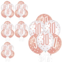 Balões de látex para aniversário rosa dourado 30 cm - Qualatex - 6 unid.