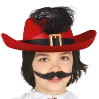 Chapéu de mosqueteiro vermelho com penas para criança - 55 cm
