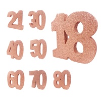 Centro de mesa com números em cor-de-rosa e dourado com glitter