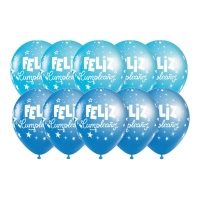 Balões de Feliz Aniversário azul com estrelas 30 cm - 10 unidades