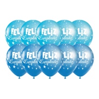 Balões de Feliz Aniversário azul com estrelas 30 cm - 10 peças