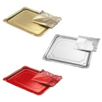 Tabuleiro retangular de cartão de 22 x 28 cm em cores metálicas com doily - 1 unidade