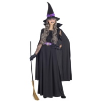 Fato de bruxa preta com capa para mulher