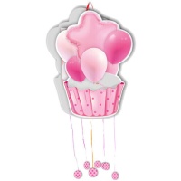 Piñata de cupcake e balões cor-de-rosa